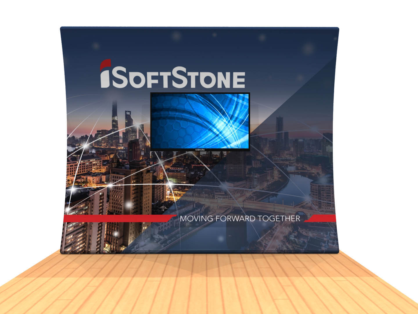 10ft vertical curve tension fabric display with monitor mount front