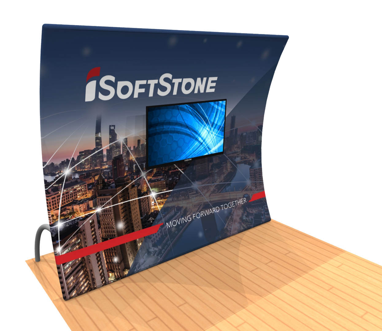 10ft vertical curve tension fabric display with monitor mount